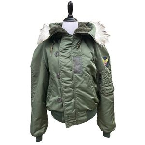 Vintage USAF US Airforce Made in USA Green N-2A Faux Fur Hooded Bomber Jacket M